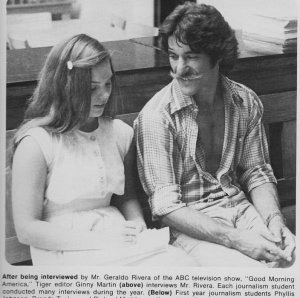 Ginny interviewing Geraldo Rivera 1977